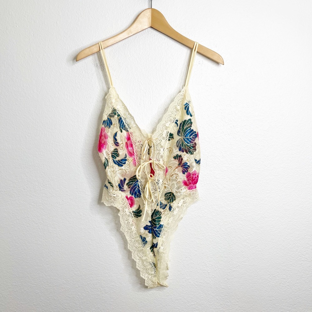 Vintage Victorias Secret Gold Label Floral Lace Up Bodysuit Cream Pink Medium